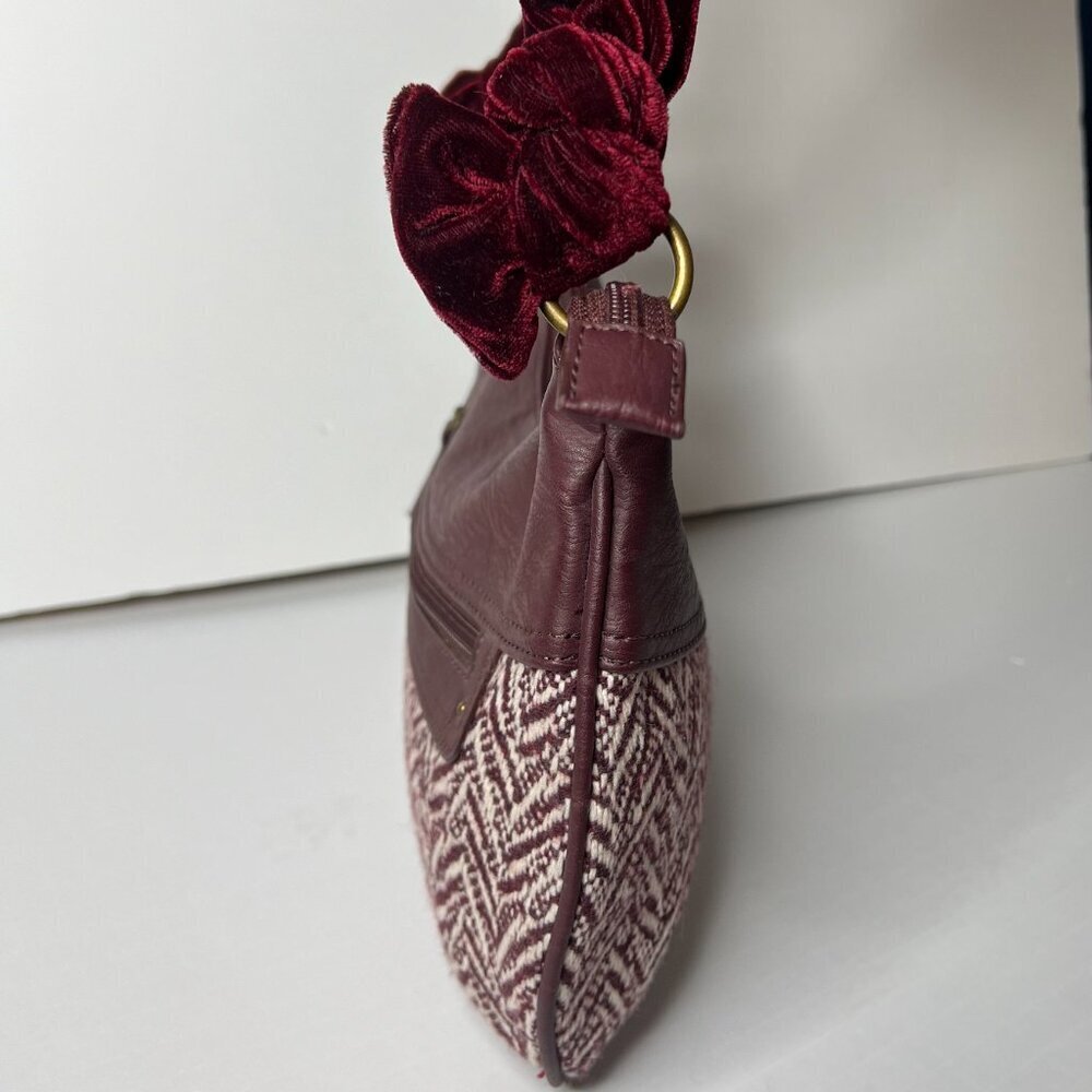 Oggi Hobo Shoulder Bag Purse Velvet Strap Burgandy Chevron Tweed 70s Boho Indie - Picture 4 of 7